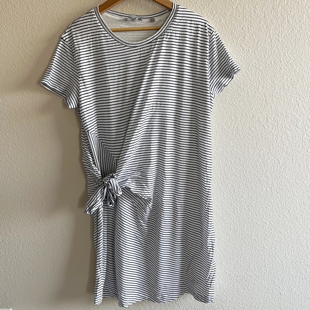 Vince Striped Midi T-Shirt Dress with Side Tie Detailing